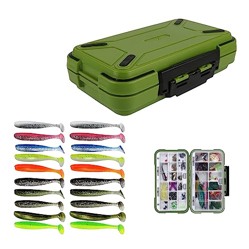 Tacklebox,RoadLoo Kunststoff Tackle Box Fishingtackle Wasserdicht Haken Köderbehälter 30 Faecher wasserdichte Angel Box und 20 Stück Gummifische Gummiköder Softbait für Kunstköder Köderbox (grün) von RoadLoo