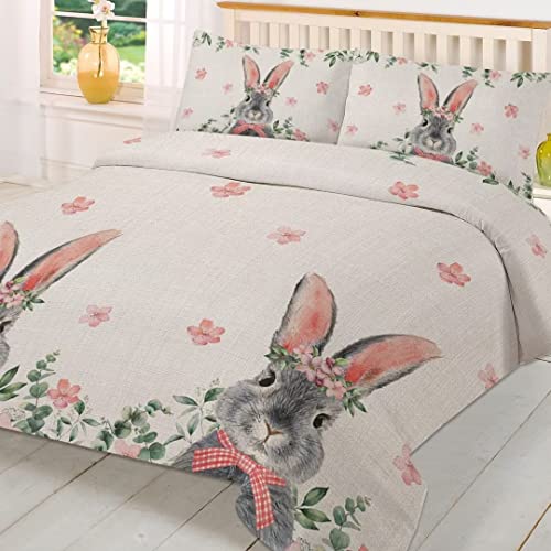 Roadchoice Ostern Bettwäsche 135x200 Hase mit Kranz Bettbezug-Sets, Weiche Mikrofaser Bettwasche ​Set, 1 Bettbezug 135 x 200 + 1 Kissenbezug 80x80 cm mit Reißverschluss von Roadchoice