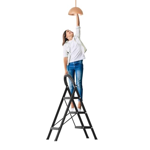 3-stufige Klappleiter, Faltbare Trittleiter für Zuhause und Außenbereich, Vielseitige Zusammenklappbare Leiter mit 330 lbs Tragkraft, Robuste Eisenrahmen-Konstruktion, rutschfeste Stufen (Schwarz) von Roadoor