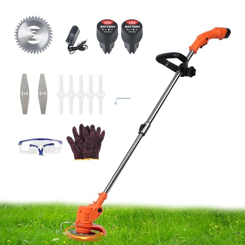 Akku Rasentrimmer, Akkurasenmäher mit 2 Akkus 21V und 3 Messertypen, Akku Freischneider, Elektrischer Elektro Trimmer Gartenkantenfräser für Gartenpflege (Orange) von Roadoor