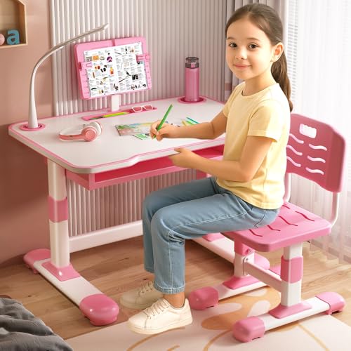 Kinder Schreibtisch Stuhl Set, Höhenverstellbarer Kinderschreibtisch mit Neigbarem Leseständer und LED Tischlampe, Ergonomischer Stuhl für Kinder, Lernmöbel für Kinderzimmer mit Schublade (Rosa) von Roadoor