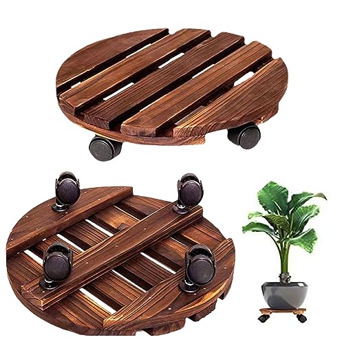 Pflanzen-Caddy mit Rädern, 2er-Pack rollender Pflanzenständer, Holz-Pflanzenroller-Basis mit um 360° feststellbaren Rädern, runder Pflanzenwagen mit Rollwagen für Außen- und Innenterrassen- 30* von Roadoor