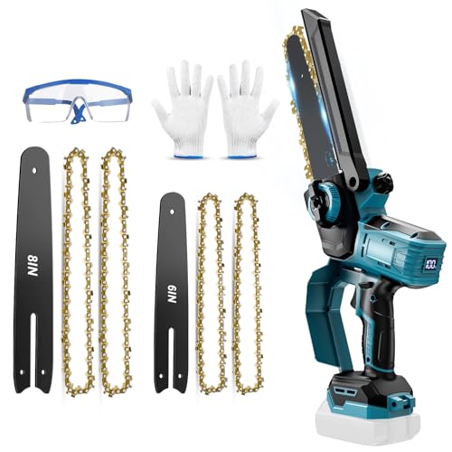 6-8 Zoll Akku Kettensäge kompatibel mit Bosch B 18V Akku, Bürstenlose Elektro kettensäge mit Akku-Anzeige, Auto-Öler, 2 Platten, 4 Ketten, Handschuhe und Schutzbrille (ohne Akku) von Roadtime