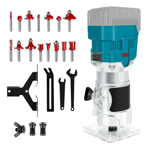 Akku kantenfräser Kompatibel mit Makita 18V Akku, 800W Bürstenloser Oberfräse mit 6 Geschwindigkeit, 15pcs Fräser Bits, gerade Führung und 3 Spannzangen, Akku Holztrimmer (nur Werkzeuge) von Roadtime