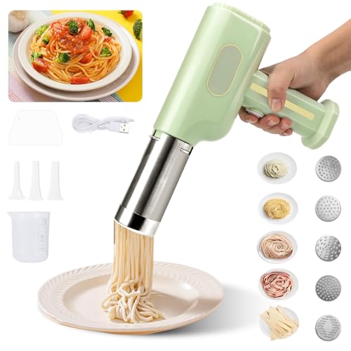 Elektrische Nudelmaschine, Tragbare Nudel Presse mit 2600mAh Akku, 5 Nudelformen, 3 Wurstköpfe, Spatel und Messbecher, Automatische Pasta Maschine von Roadtime