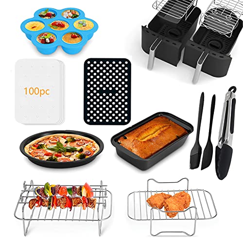 Heißluftfritteuse Zubehör Set, Passend für Ninja Dual Foodi DZ201 DZ401 Luftfritteuse, Einschließlich Kuchenform/Pizzapfanne/Spießhalter/Eierbissenform/Silikonmatte/100 Backölpapiere und Werkzeuge von Roadtime