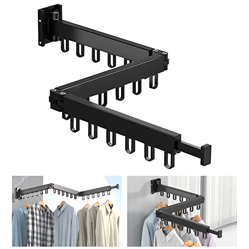 Roadtime Einziehbar Wäscheständer für die Wandmontage, Dreifach Zusammenklappbarer Kleiderstange mit Haken, Starker Tragfähiger Kleiderständer für Balkon, Badezimmer, Schlafzimmer (Black) von Roadtime