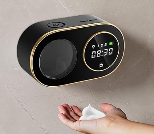 Wandmontierter Automatischer Seifenspender, 320ml 3000mAh Wiederaufladbarer Smart Sensor Schaumspender mit Digitaler Uhr, IPX5 Wasserdichter Berührungsloser Seifenspender für Bad und Küche (Schwarz) von Roadtime