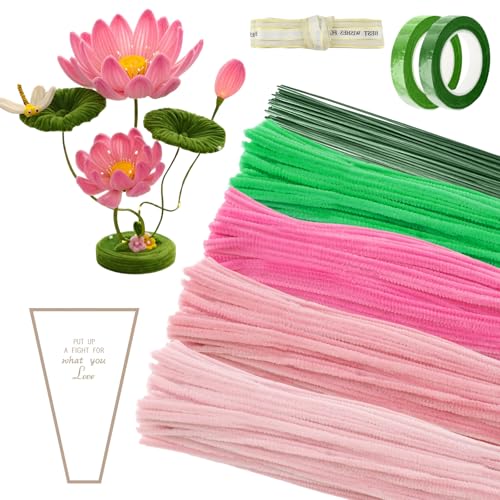 RobLuX 400 Stück Pfeifenreiniger Blumen Set Blumenstrauß Pfeifenreiniger zum Basteln DIY Rosa Tulip Bouquet Pfeifenreiniger Set Pipe Cleaner Flower Set mit 30 Blumendraht 1m Schleifenband 2 Klebeband von RobLuX