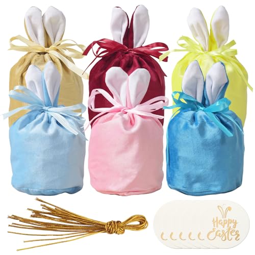 RobLuX 6 Stück Osterhasen Taschen Samt Osterhasen-Geschenkbeutel Osterhasen Tüten Hasenbeutel Samt Säckchen mit Ohren für Kinder und Erwachsene Süßigkeiten Snacks Kekse Schokolade Schmuck von RobLuX