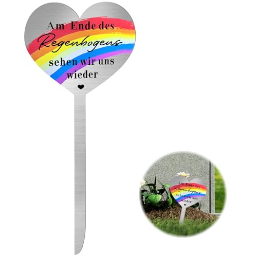 RobLuX Grabschmuck Wetterfest Grabstecker Edelstahl Herz mit Am Ende des Regenbogens Sehen Wir Uns Wieder Grabdekoration zum Gärten und Höfe von RobLuX