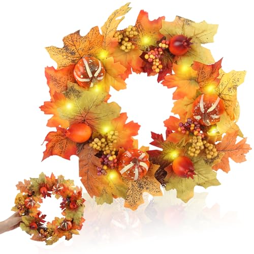 RobLuX Herbstkranz für Haustür 35cm Autumn Herbstkranz Haustür Dekoration Kranz mit Ahornblätter Kürbis Bunte Beeren für Hochzeitsdekorationen Halloween Thanksgiving zum Aufhängen von RobLuX