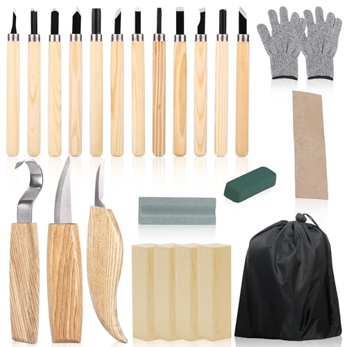 RobLuX Schnitzwerkzeug 23 PCS Schnitzset mit Schnittfeste Handschuhe Ölwachs Holz Professional Schnitzwerkzeug Set mit Schleifsteine für Anfänger Und Profis von RobLuX