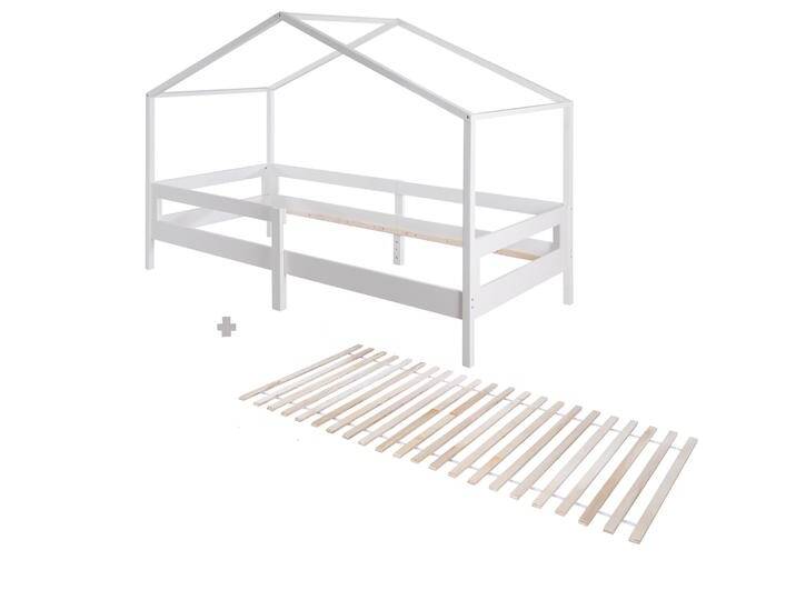 Hausbett 90 x 200 cm mit Seitengitter - Montessori Kinderbett - Holz weiß von Roba