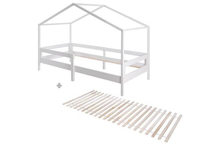 Hausbett 90 x 200 cm mit Seitengitter - Montessori Kinderbett - Holz weiß von Roba
