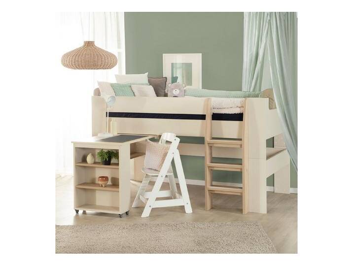 roba® Hochbett Flexi Grow 90 x 200 cm aus Holz - moderne Scandi Optik (Made in Europa - Blauer Engel - mit Stauraum & Sicherheitsgeländer) halbhohes Hochbett mit ausziehbarem Schreibtisch - Beige / Cashmere von Roba