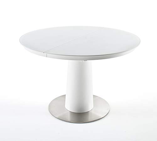 Esstisch rund Weiß matt lackiert, Tisch mit Glasplatte ausziehbar, BxHxT 120-160x76x120 cm von Robas Lund