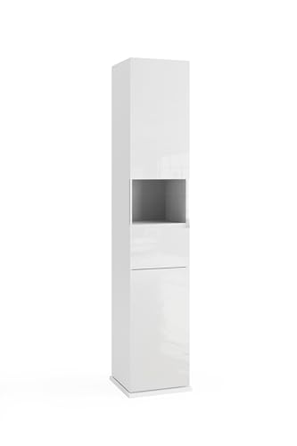 Robas Lund Basic Badezimmer Hochschrank, Modern, 360° Drehbar, 35x185x35 cm, Weiß Hochglanz, mit Spiegel, 2 Türen und Schublade von Robas Lund