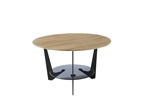 Robas Lund Couchtisch rund Eiche Massivholz, Wohnzimmertisch mit Glasablage grau, BxHxT 70x40x70 cm von Robas Lund