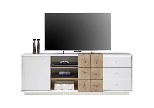 Robas Lund Lowboard weiß matt, Wohnzimmerschrank TV Möbel mit Absetzung Eiche Hirnholzoptik, BxHxT 179x65x40 cm von Robas Lund