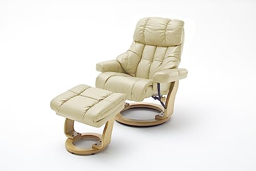 Robas Lund Relaxsessel Calgary XXL mit Hocker, bis 180 kg belastbar, Echtleder creme, Gestell Holz natur von Robas Lund