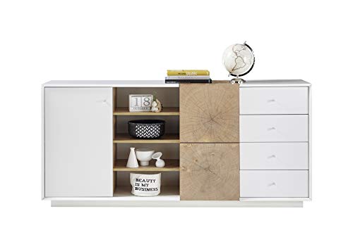 Robas Lund Sideboard weiß matt, Wohnzimmerschrank mit Absetzung Eiche Hirnholzoptik, BxHxT 179x83x40 cm von Robas Lund