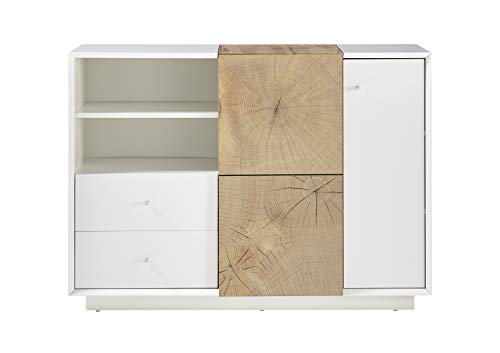 Robas Lund Wohnzimmerschrank Kommode weiß matt, Wohnzimmerschrank mit Absetzung Eiche Hirnholzoptik, BxHxT 116x83x40 cm von Robas Lund