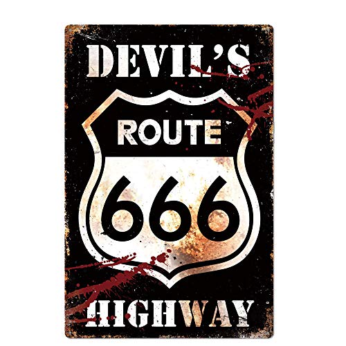 Original Retro Design Route 666 Blechschilder Wanddeko Teufel Highway | Dicker Weißblech Druck Poster für Garage von Robert Art
