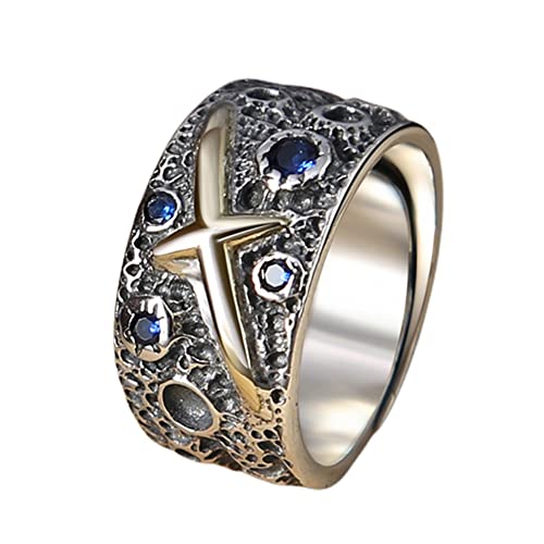 RobertDTesta S925 Sterling Silber Herren Sternenhimmel Blauer Meteorit Ring, Gothic Retro Mode Kreuz Ring,Silber,13 von RobertDTesta