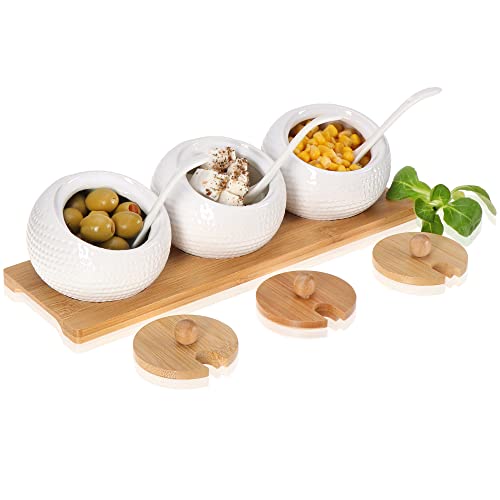 Robin Goods® 10-teiliges Porzellan-Schalen Set mit Löffel und Bambusdeckel - Marmeladen- und Zuckerspender auf Servierbrett fürs Frühstücksbuffet - Gewürzdosen aus Keramik (10-TLG. - weiß/braun) von Robin Goods