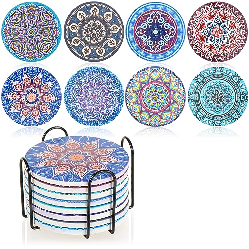 Robin Goods® 9-teiliges Untersetzer-Set mit Metallhalterung - Keramikuntersetzer mit Mandala-Mustern und Kork-Rückseite - runde Getränke-Coasters (8 Stück - Untersetzer + Halter) von Robin Goods