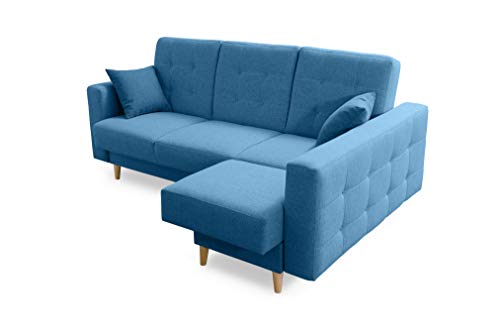 Robin Hilton Ecksofa mit Schlaffunktion Bettkasten 2 Kissen Sofa L-Form Schlafsofa Freistehende Eckcouch Schlafcouch Wohnzimmermöbel Wohnlandschaft Rechts Blau von Robin Inspire