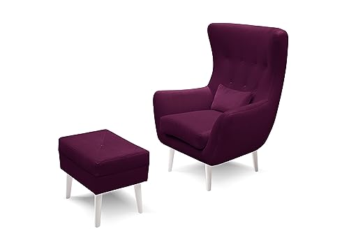 Robin Inspire Sessel 82 x 90 x 112 cm Ohrensessel mit Hocker 82 x 36 x 50 cm für Wohnzimmer Polstersessel Relaxsessel mit Fußhocker Sitzhocker Fernsehsessel Modern Rotwein Füße Weiß von Robin Inspire