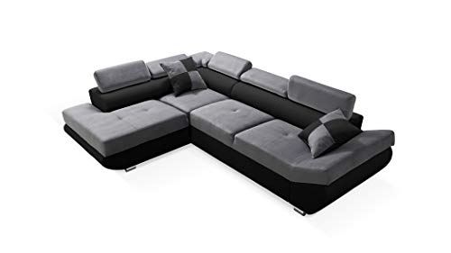 Robin Saturn Ecksofa mit Schlaffunktion Bettkasten 5 Verstellbare Kopfstützen 2 Kissen Sofa L-Form Schlafsofa Freistehende Eckcouch Schlafcouch Wohnzimmermöbel Wohnlandschaft Links Grau Schwarz von Robin Inspire