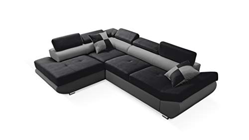 Robin Saturn Ecksofa mit Schlaffunktion Bettkasten 5 Verstellbare Kopfstützen 2 Kissen Sofa L-Form Schlafsofa Freistehende Eckcouch Schlafcouch Wohnzimmermöbel Wohnlandschaft Links Schwarz Grau von Robin Inspire