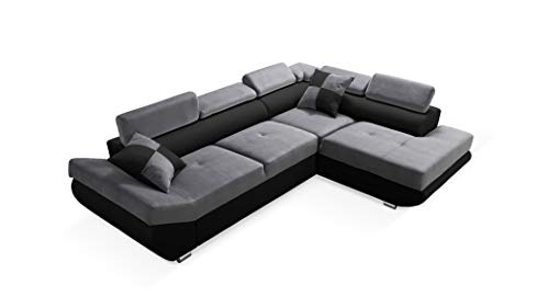 Robin Saturn Ecksofa mit Schlaffunktion Bettkasten 5 Verstellbare Kopfstützen 2 Kissen Sofa L-Form Schlafsofa Freistehende Eckcouch Schlafcouch Wohnzimmermöbel Wohnlandschaft Rechts Grau Schwarz von Robin Inspire