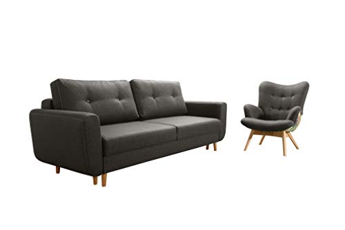 Robin Sydney Möbel-Set Sofa und Sessel Schlaffunktion Bettkasten Kissen Schlafsofa Freistehende Eckcouch Schlafcouch Wohnzimmermöbel-Set Wohnlandschaft Holzfüße Dunkelgrau von Robin Inspire