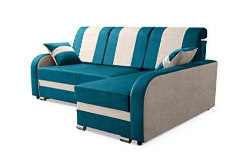 Robin BARI Ecksofa mit Schlaffunktion, Sofa mit Schlaffunktion, Schlafsofa mit Bettkasten und Kissen, Freistehende Eckcouch in L-Form Rechts (Türkis Beige) von Robin Inspire