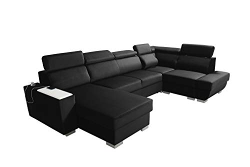Robin Cezar Ecksofa Schlaffunktion Bettkasten Verstellbare Kopfstützen Sofa L-Form Schlafsofa Freistehende Eckcouch Schlafcouch Wohnzimmermöbel inkl. Laptoptisch Steckdose Rechts Schwarz von Robin Inspire
