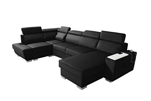 Robin Cezar Ecksofa Schlaffunktion Bettkasten Verstellbare Kopfstützen Sofa L-Form Schlafsofa Freistehende Eckcouch Schlafcouch Wohnzimmermöbel inkl. Laptoptisch Steckdose Schwarz von Robin Inspire