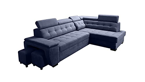 Robin Grand Ecksofa mit Schlaffunktion Bettkasten Kopfstützen Relaxfunktion 2 Hocker Sofa L-Form Schlafsofa Freistehende Eckcouch Schlafcouch Wohnzimmermöbel Wohnlandschaft Rechts Marineblau von Robin