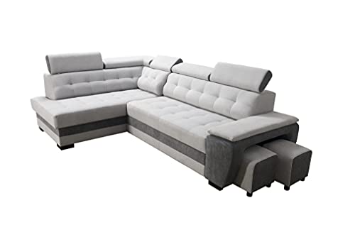 Robin Grand Ecksofa mit Schlaffunktion Bettkasten Kopfstützen Relaxfunktion 2 Hocker Sofa L-Form Schlafsofa Freistehende Eckcouch Schlafcouch Wohnzimmermöbel Wohnlandschaft Links Silver Anthracite von Robin