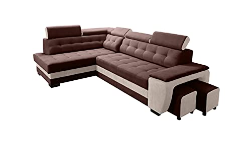 Robin Grand Ecksofa mit Schlaffunktion Bettkasten Kopfstützen Relaxfunktion 2 Hocker Sofa L-Form Schlafsofa Freistehende Eckcouch Schlafcouch Wohnzimmermöbel Wohnlandschaft Links Braun Creme von Robin