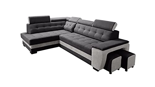 Robin Grand Ecksofa mit Schlaffunktion Bettkasten Kopfstützen Relaxfunktion 2 Hocker Sofa L-Form Schlafsofa Freistehende Eckcouch Schlafcouch Wohnzimmermöbel Wohnlandschaft Links Silber von Robin