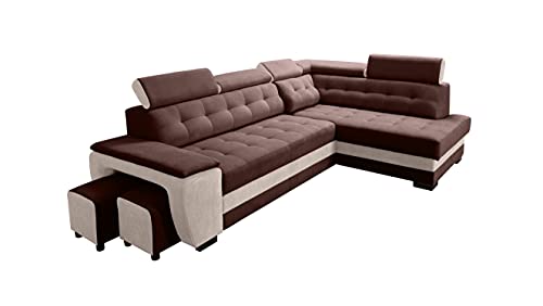 Robin Grand Ecksofa mit Schlaffunktion Bettkasten Kopfstützen Relaxfunktion 2 Hocker Sofa L-Form Schlafsofa Freistehende Eckcouch Schlafcouch Wohnzimmermöbel Wohnlandschaft Rechts Braun Creme von Robin