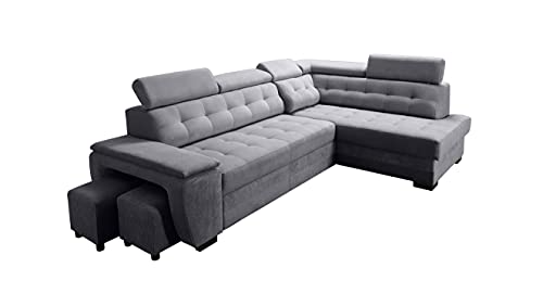 Robin Grand Ecksofa mit Schlaffunktion Bettkasten Kopfstützen Relaxfunktion 2 Hocker Sofa L-Form Schlafsofa Freistehende Eckcouch Schlafcouch Wohnzimmermöbel Wohnlandschaft Rechts Anthracite von Robin