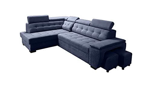 Robin Grand Ecksofa mit Schlaffunktion Bettkasten Kopfstützen Relaxfunktion 2 Hocker Sofa L-Form Schlafsofa Freistehende Eckcouch Schlafcouch Wohnzimmermöbel Wohnlandschaft Links Marineblau von Robin