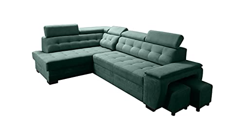 Robin Grand Ecksofa mit Schlaffunktion Bettkasten Kopfstützen Relaxfunktion 2 Hocker Sofa L-Form Schlafsofa Freistehende Eckcouch Schlafcouch Wohnzimmermöbel Wohnlandschaft Links Flaschengrün von Robin