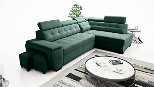 Robin Grand Ecksofa mit Schlaffunktion Bettkasten Kopfstützen Relaxfunktion 2 Hocker Sofa L-Form Schlafsofa Freistehende Eckcouch Schlafcouch Wohnzimmermöbel Wohnlandschaft Rechts Flaschengrün von Robin