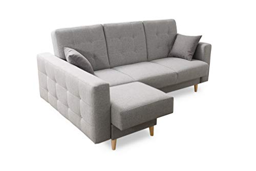 Robin Hilton Ecksofa mit Schlaffunktion Bettkasten 2 Kissen Sofa L-Form Schlafsofa Freistehende Eckcouch Schlafcouch Wohnzimmermöbel Wohnlandschaft Silber von Robin Inspire